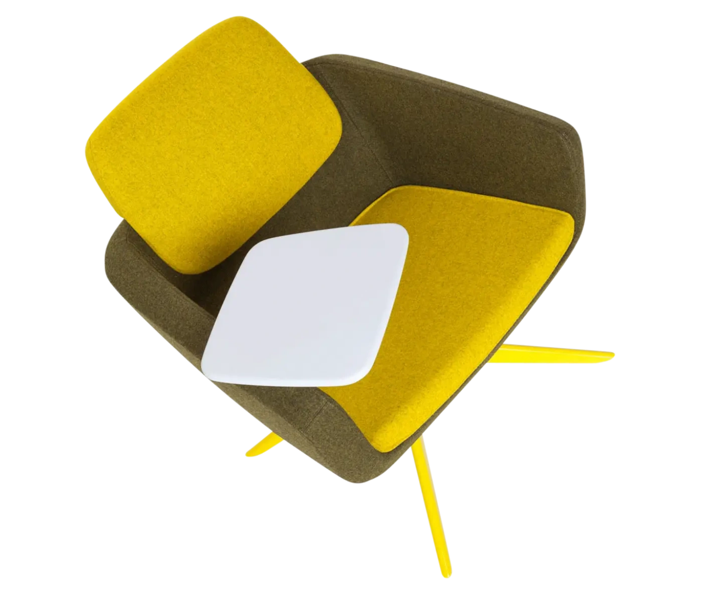 True Arca lounge chair, top view with floating backrest, dark upholstered shell, integrated side table, and swivel base.