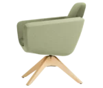 True Arca lounge chair, left-side view with floating green backrest, sage green shell, and timber swivel base.