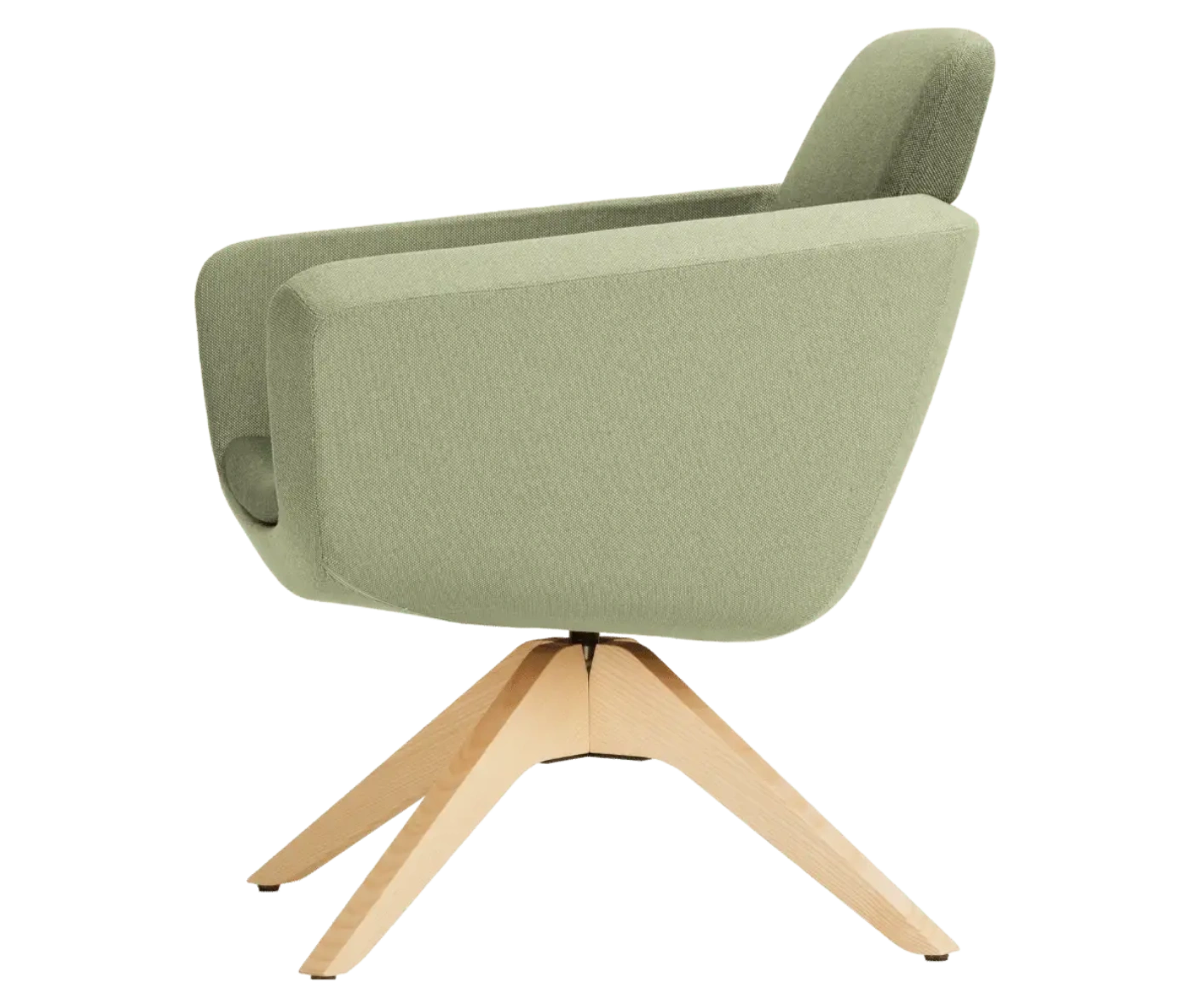True Arca lounge chair, left-side view with floating green backrest, sage green shell, and timber swivel base.