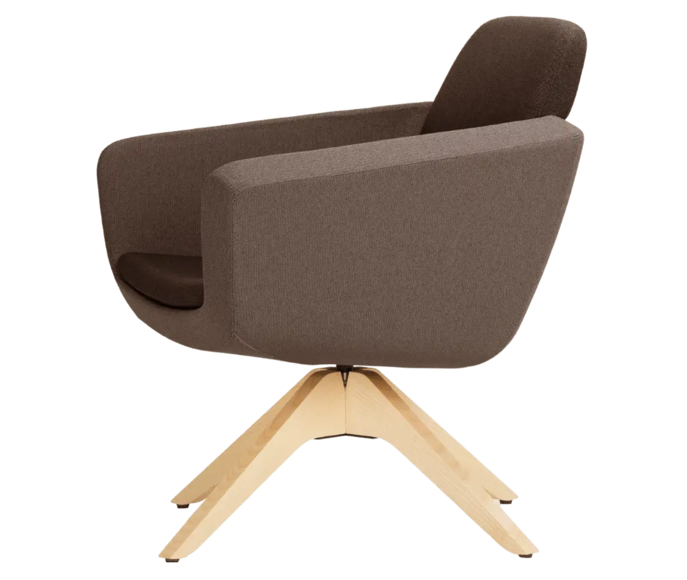 True Arca lounge chair, left-side view with floating backrest, dark brown shell, and swivel base.