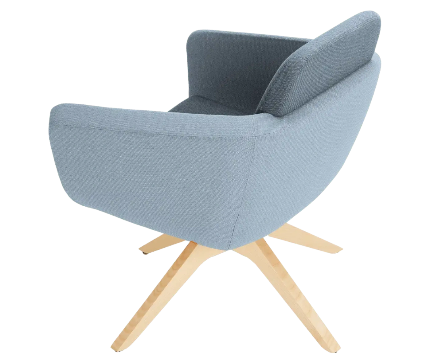 True Arca lounge chair, back view with floating blue backrest, wraparound upholstered shell, and swivel base.