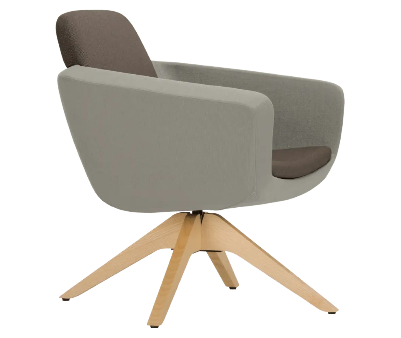 True Arca lounge chair, front-right view with floating dark backrest, dark grey upholstered shell, and swivel base.