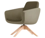 True Arca lounge chair, front-left view with floating backrest, dark upholstered shell, and timber swivel base.
