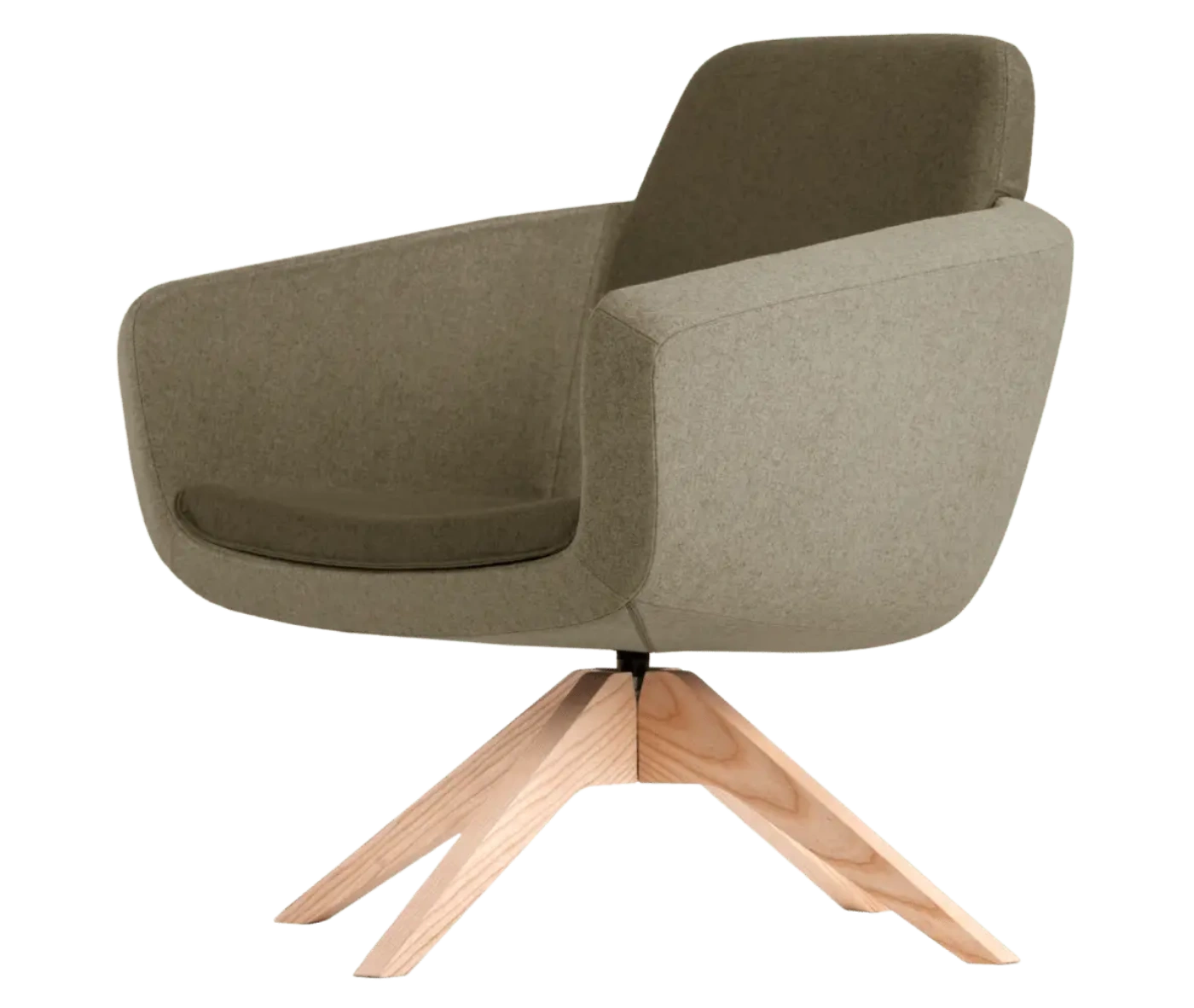 True Arca lounge chair, front-left view with floating backrest, dark upholstered shell, and timber swivel base.