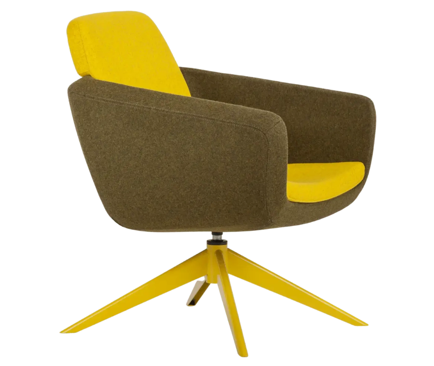 True Arca lounge chair, right-side view with floating backrest, dark upholstered shell, integrated side table, and swivel base.