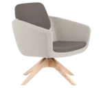 True Arca lounge chair, front-right view with floating backrest, grey upholstered shell, and timber swivel base.