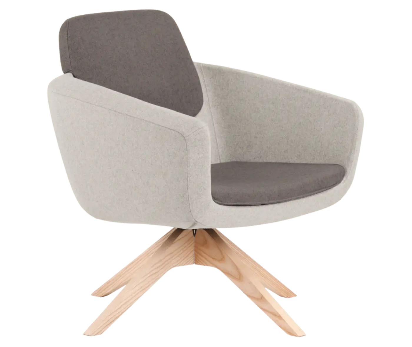 True Arca lounge chair, front-right view with floating backrest, grey upholstered shell, and timber swivel base.