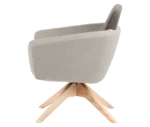 True Arca lounge chair, left-side view with floating backrest, grey upholstered shell, and timber swivel base.