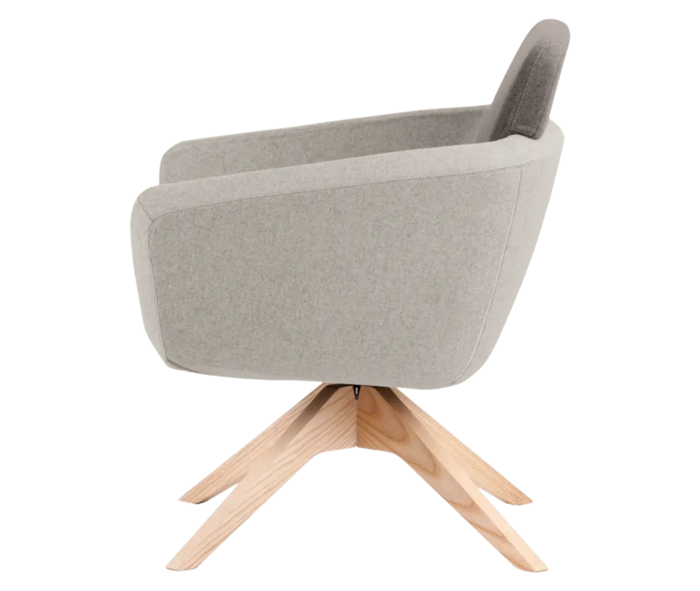 True Arca lounge chair, left-side view with floating backrest, grey upholstered shell, and timber swivel base.
