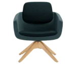 True Arca lounge chair, front view with a floating upholstered backrest, wraparound shell, and timber swivel base.