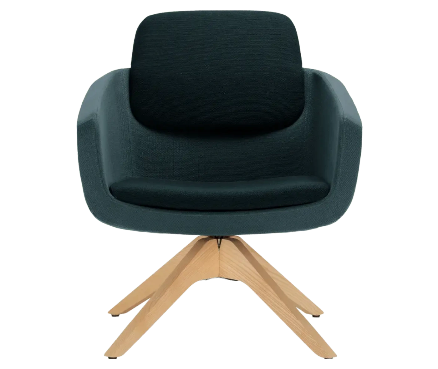 True Arca lounge chair, front view with a floating upholstered backrest, wraparound shell, and timber swivel base.