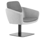 True Arca lounge chair, front-right view with floating backrest, grey upholstered shell, and metal base plate.