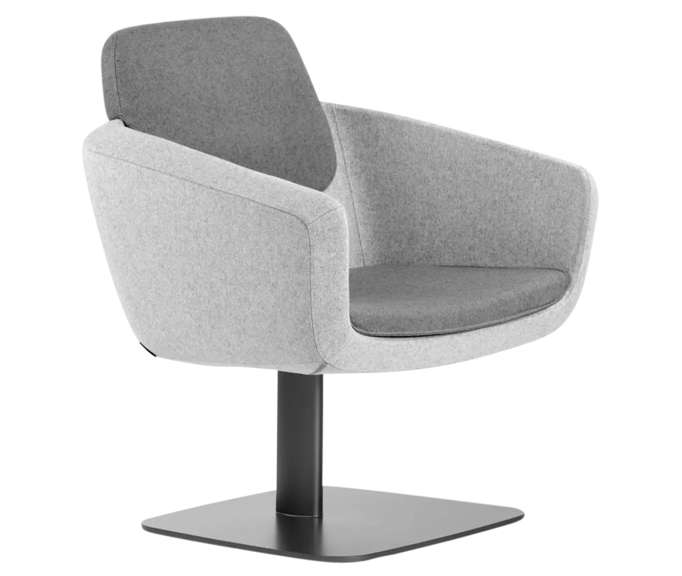 True Arca lounge chair, front-right view with floating backrest, grey upholstered shell, and metal base plate.