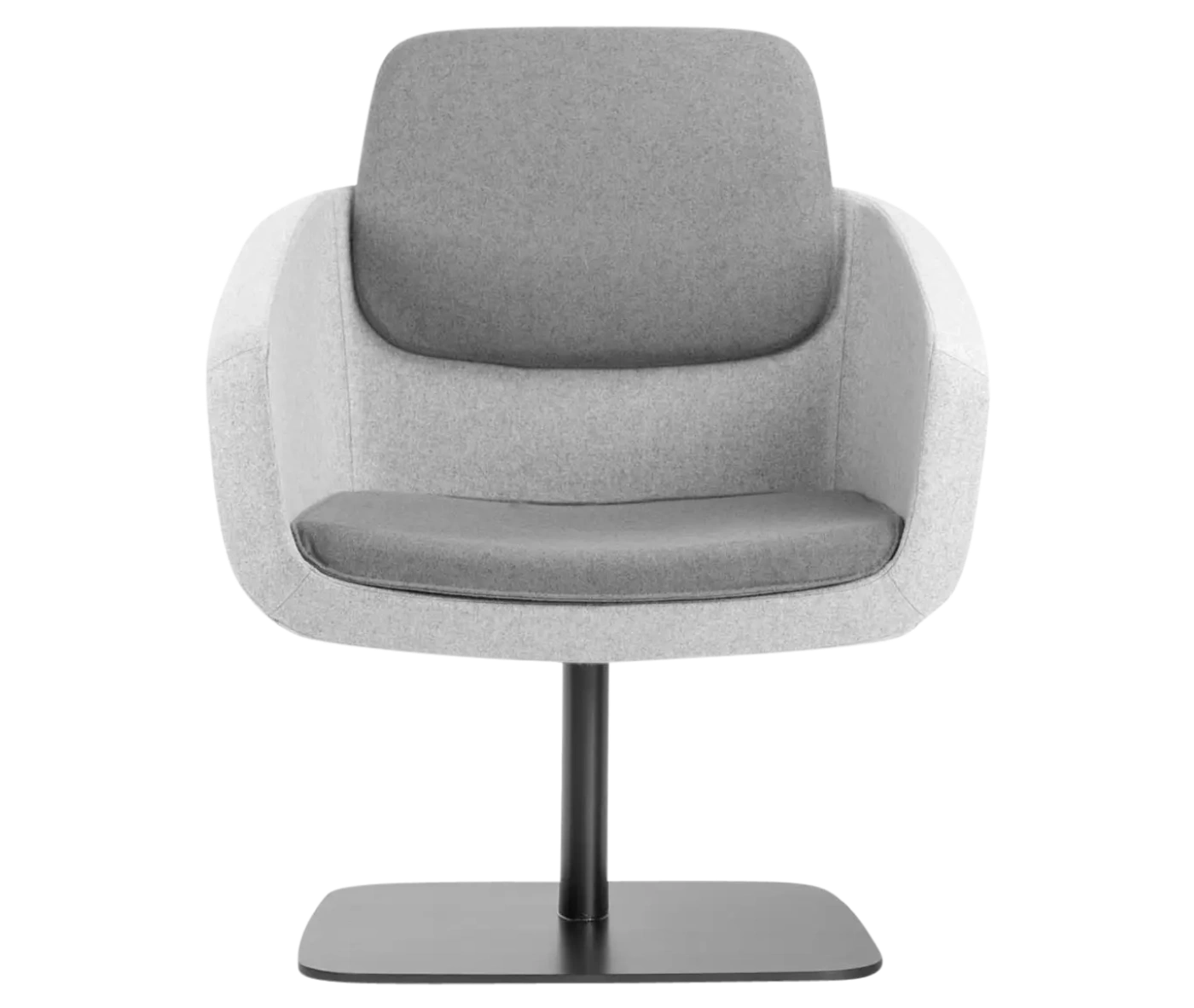 True Arca lounge chair, front view with floating backrest, grey upholstered shell, and metal base plate.