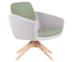 Top view of True Arca lounge chair, with floating green backrest, grey shell, and timber swivel base.