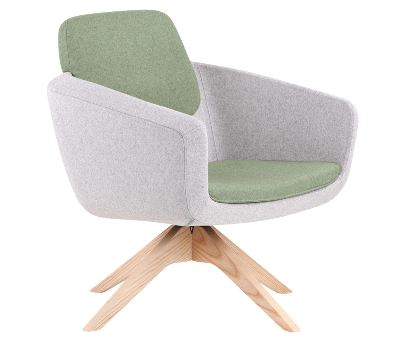 Top view of True Arca lounge chair, with floating green backrest, grey shell, and timber swivel base.