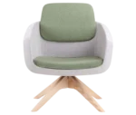 True Arca lounge chair, front view with floating light green backrest, grey shell, and timber swivel base.