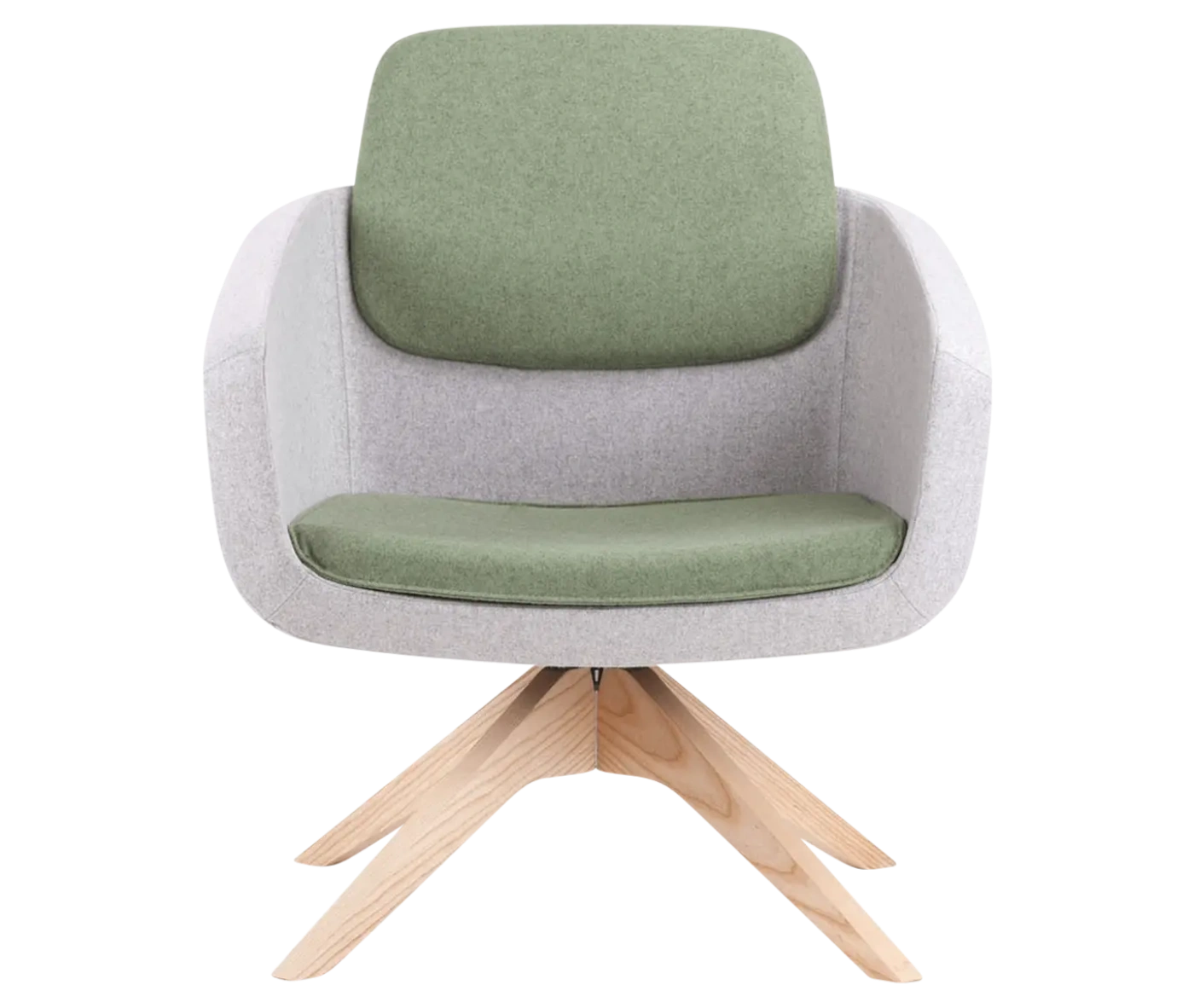 True Arca lounge chair, front view with floating light green backrest, grey shell, and timber swivel base.