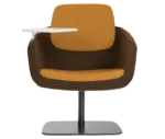 True Arca lounge chair, front view with floating backrest, brown shell, integrated side table and metal base plate.