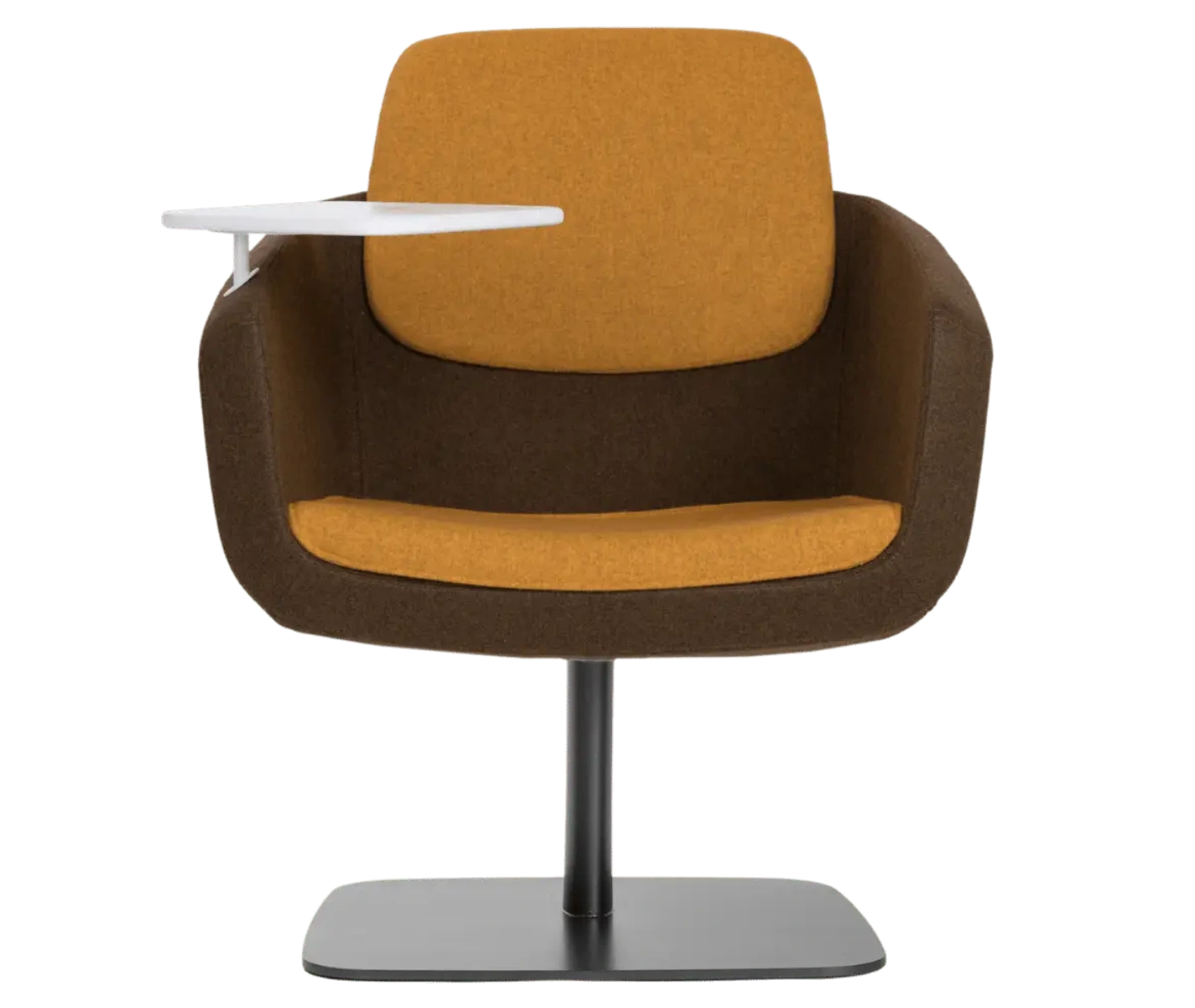 True Arca lounge chair, front view with floating backrest, brown shell, integrated side table and metal base plate.