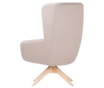 True Arca high-back chair, front-right view with a high beige wraparound shell and timber swivel base.