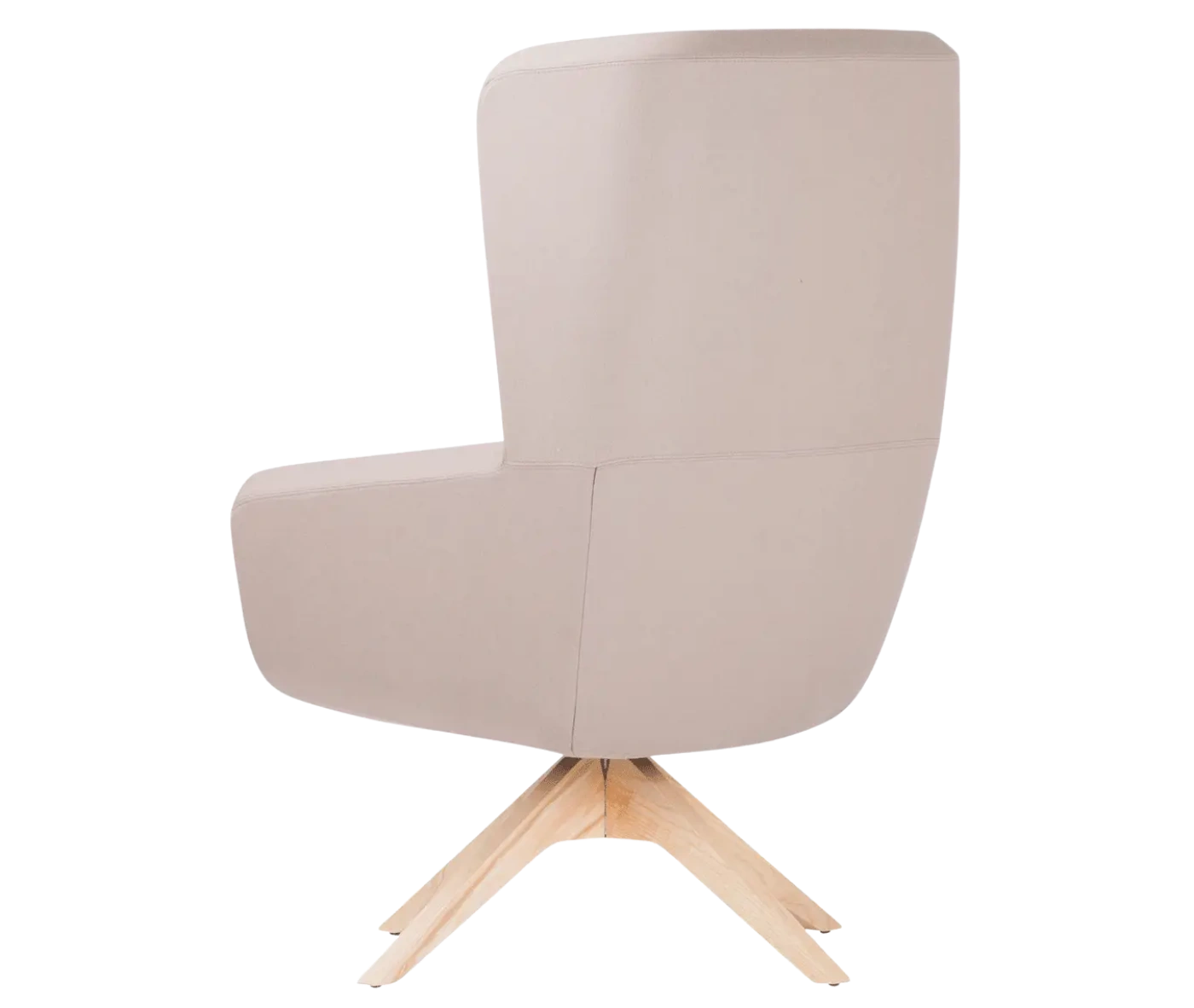 True Arca high-back chair, front-right view with a high beige wraparound shell and timber swivel base.