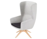 True Arca high-back chair, front-left view with a high light grey wraparound shell, dark seat pad, and timber swivel base.