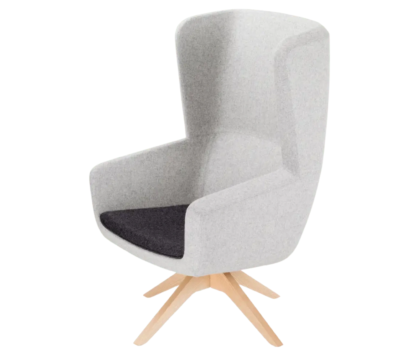True Arca high-back chair, front-left view with a high light grey wraparound shell, dark seat pad, and timber swivel base.