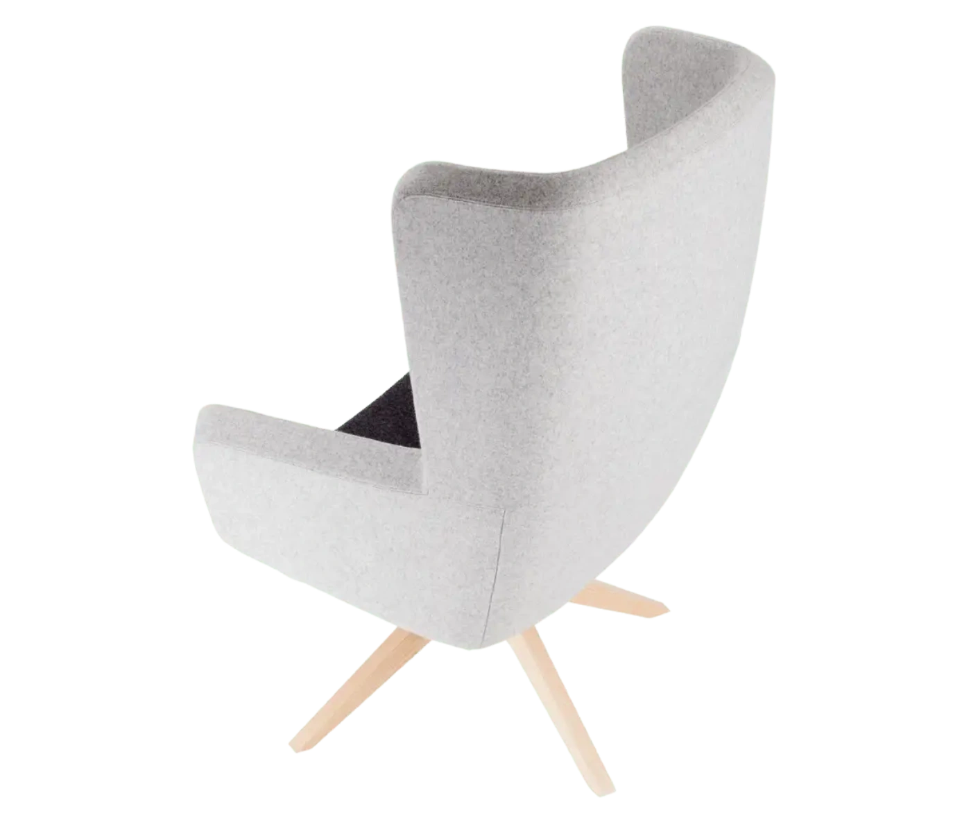True Arca high-back chair, back view with a high light grey wraparound shell and timber swivel base.