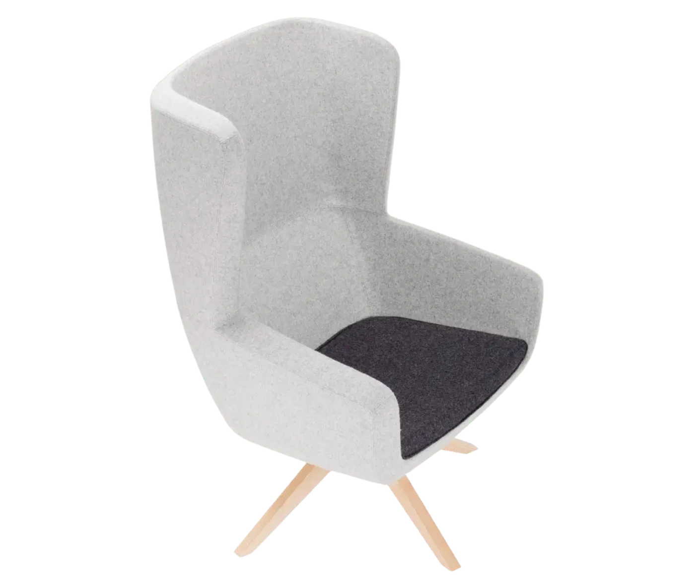 True Arca high-back chair, top view with a high light grey wraparound shell, dark seat pad, and timber swivel base.