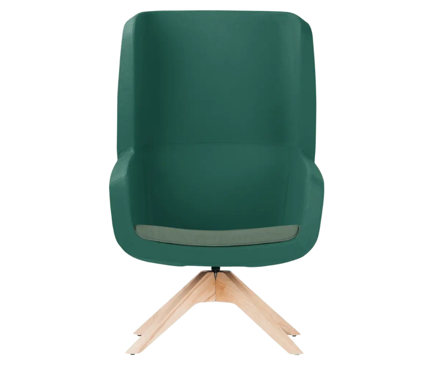 True Arca high-back chair, front view with a high deep teal wraparound shell, light seat pad, and timber swivel base.