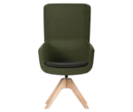 True Arca high-back chair, front view with a high dark green wraparound shell, dark seat pad, and timber swivel base.