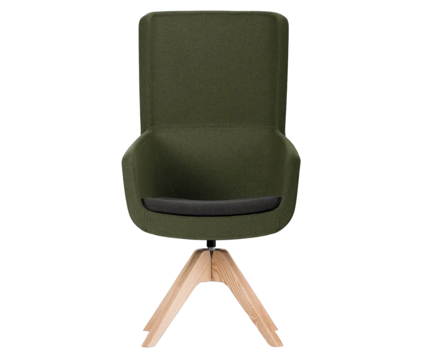 True Arca high-back chair, front view with a high dark green wraparound shell, dark seat pad, and timber swivel base.