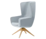 True Arca high-back chair, front-left view with a high light blue wraparound shell, seat pad, and timber swivel base.