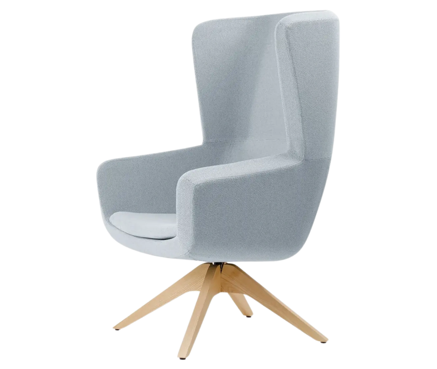 True Arca high-back chair, front-left view with a high light blue wraparound shell, seat pad, and timber swivel base.