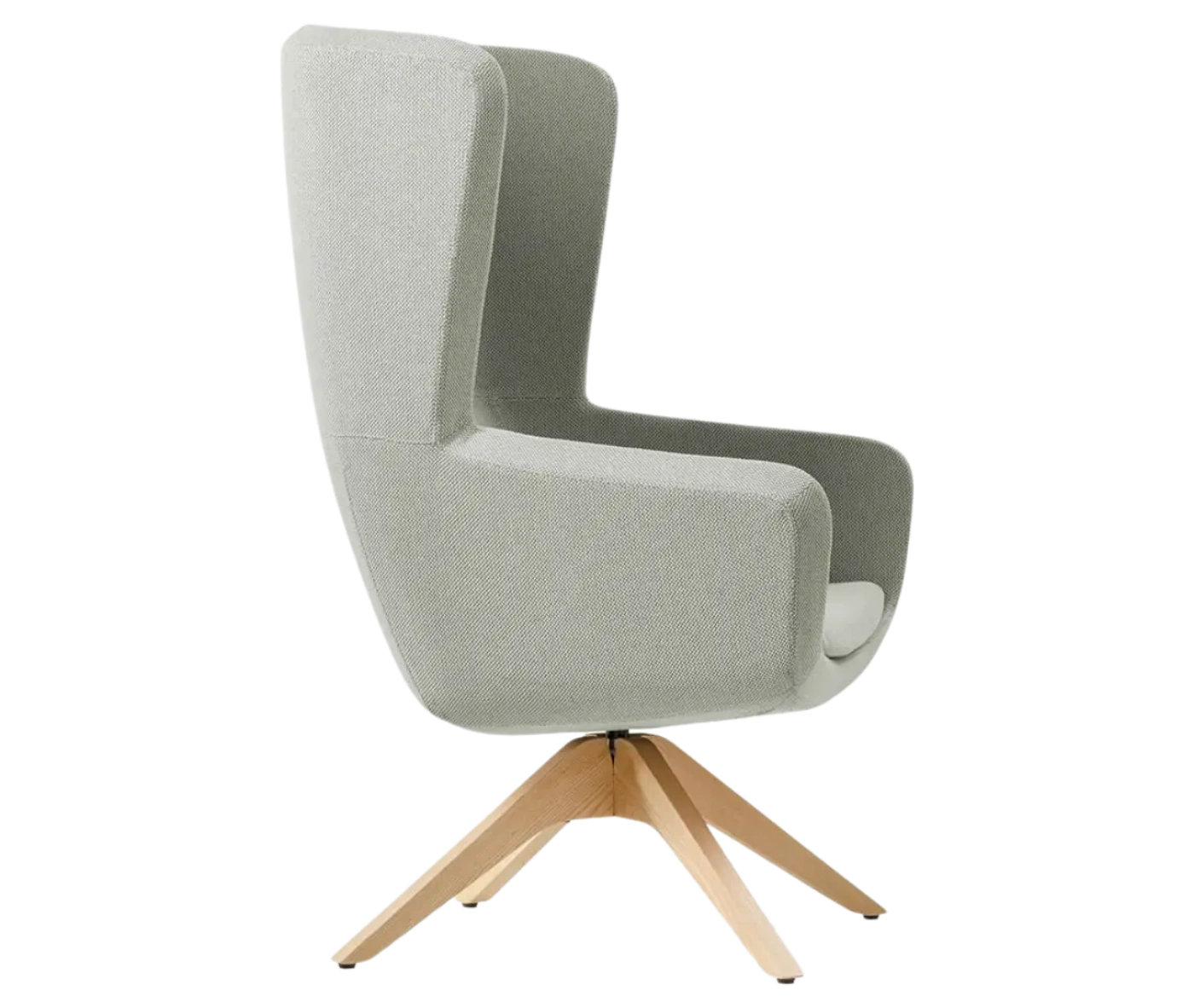 True Arca high-back chair, right-side view with a high light wraparound shell, seat pad, and timber swivel base.