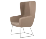 True Arca high-back chair, front-left view with a high light brown wraparound shell, seat pad, and metal sled base.
