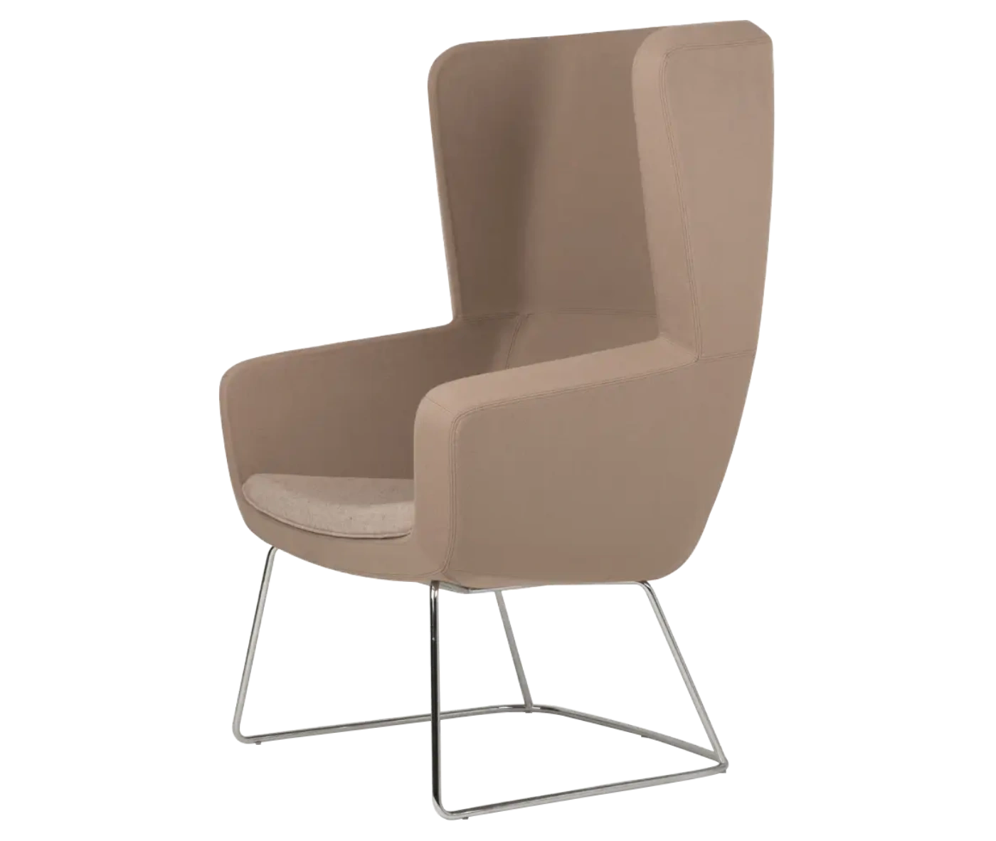 True Arca high-back chair, front-left view with a high light brown wraparound shell, seat pad, and metal sled base.