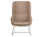 True Arca high-back chair, front view with a high light brown wraparound shell, seat pad, and metal sled base.