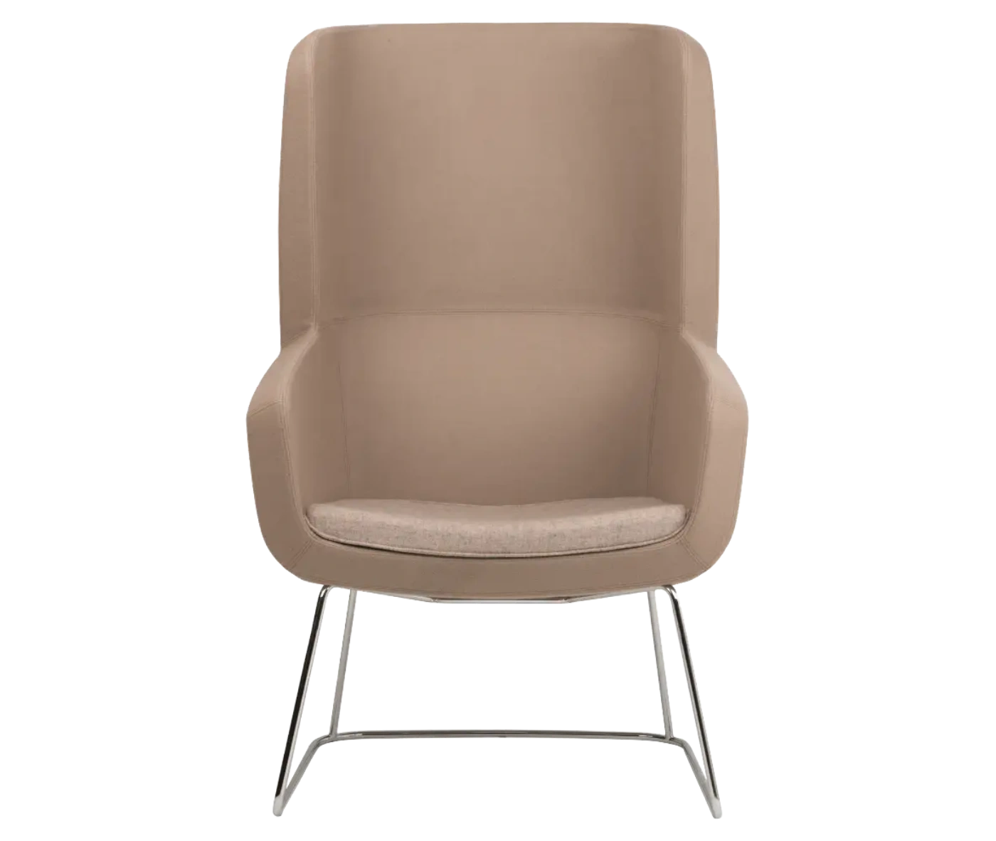 True Arca high-back chair, front view with a high light brown wraparound shell, seat pad, and metal sled base.