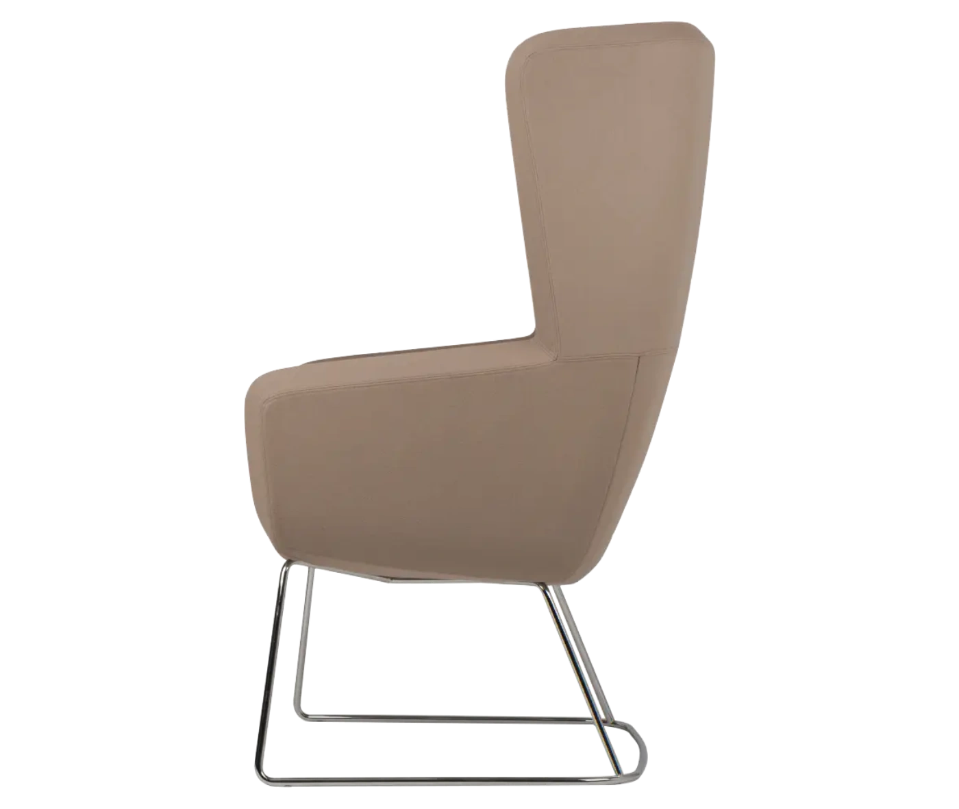 True Arca high-back chair, right-side view with a high light brown wraparound shell, seat pad, and metal sled base.