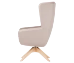 True Arca high-back chair, left-side view with a high beige wraparound shell and timber swivel base.