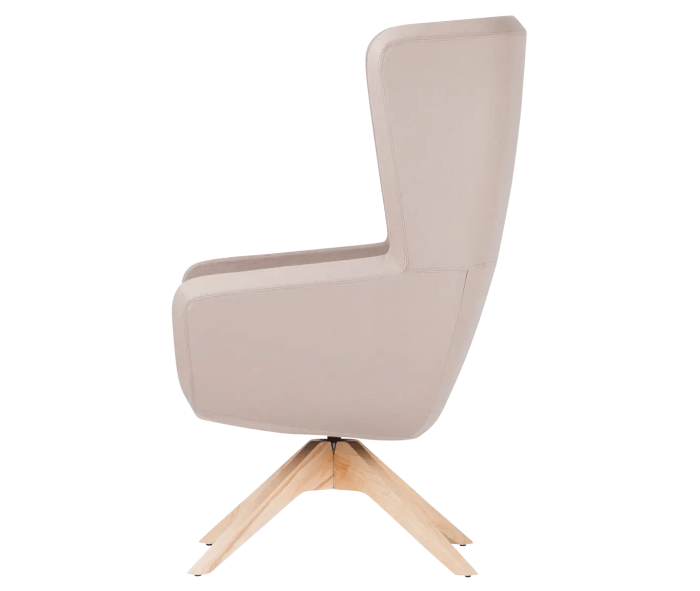 True Arca high-back chair, left-side view with a high beige wraparound shell and timber swivel base.