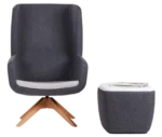 True Arca high-back lounge chair, front view with a dark grey wraparound shell, timber swivel base, and matching ottoman with upholstered frame.