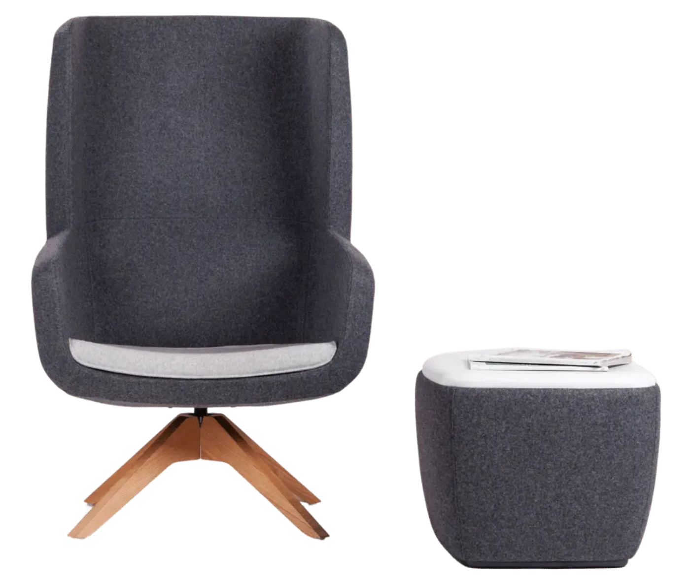True Arca high-back lounge chair, front view with a dark grey wraparound shell, timber swivel base, and matching ottoman with upholstered frame.