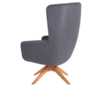 True Arca high-back chair, left-side view with a high dark grey wraparound shell and timber swivel base.