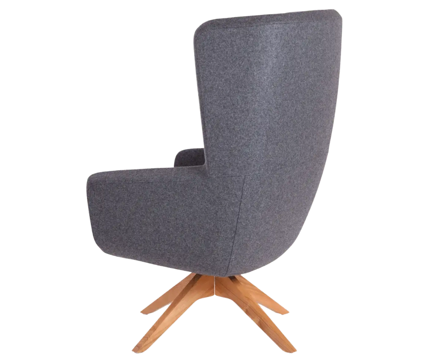 True Arca high-back chair, left-side view with a high dark grey wraparound shell and timber swivel base.