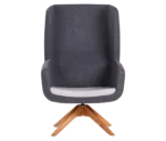 True Arca high-back chair, front-side view with a high dark grey wraparound shell and timber swivel base.