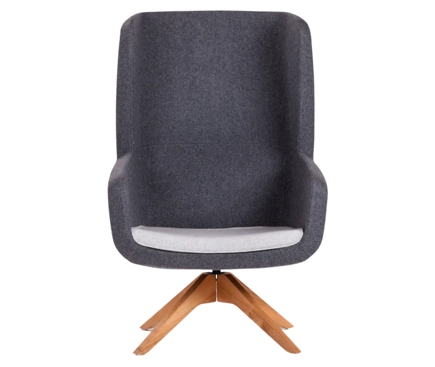True Arca high-back chair, front-side view with a high dark grey wraparound shell and timber swivel base.