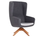 True Arca high-back chair, front-right view with a high dark grey wraparound shell, light seat pad, and timber swivel base.